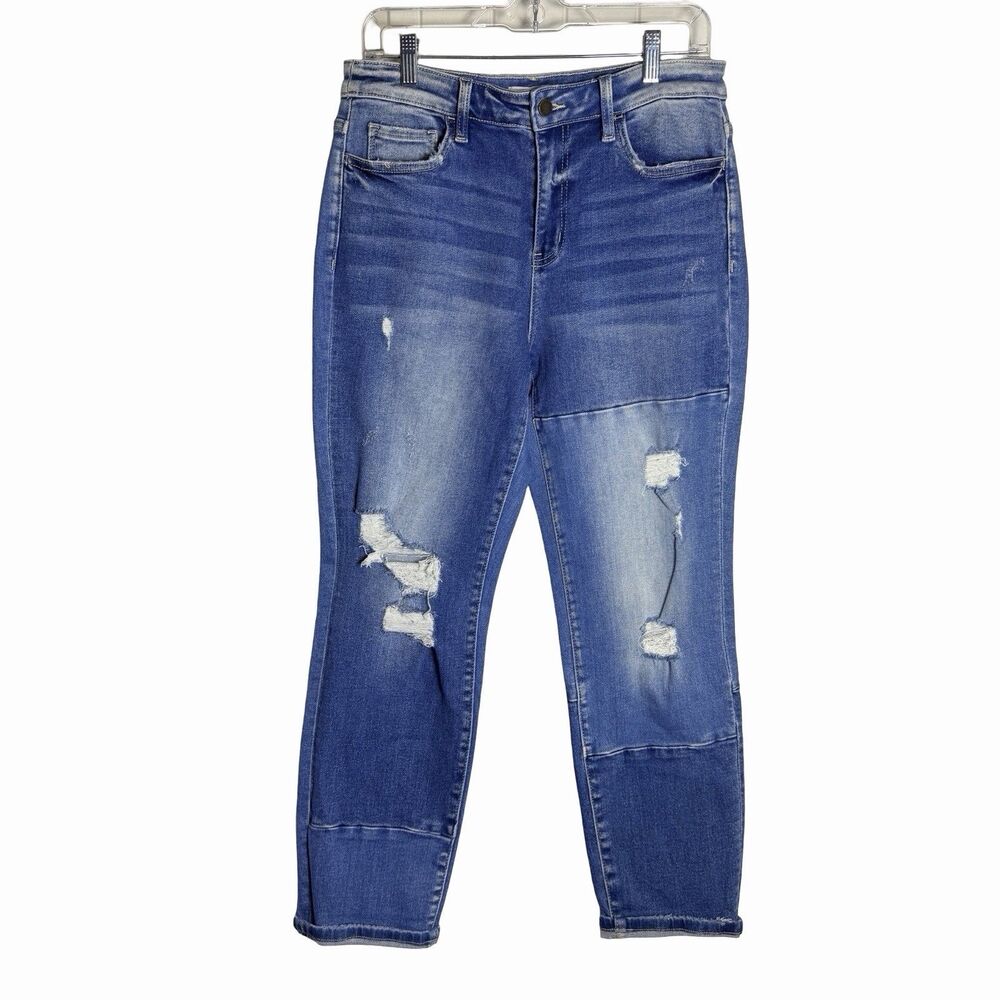Flying Monkey Distressed Medium Wash Skinny Jeans Women's 29 Patchwork High Rise